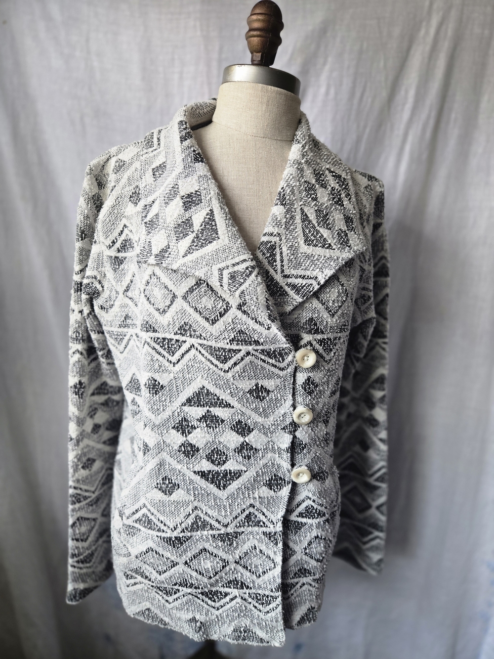 Lucky Brand Cozy Geometric Knit Button-Front Women's Sweater/bla - Black & White